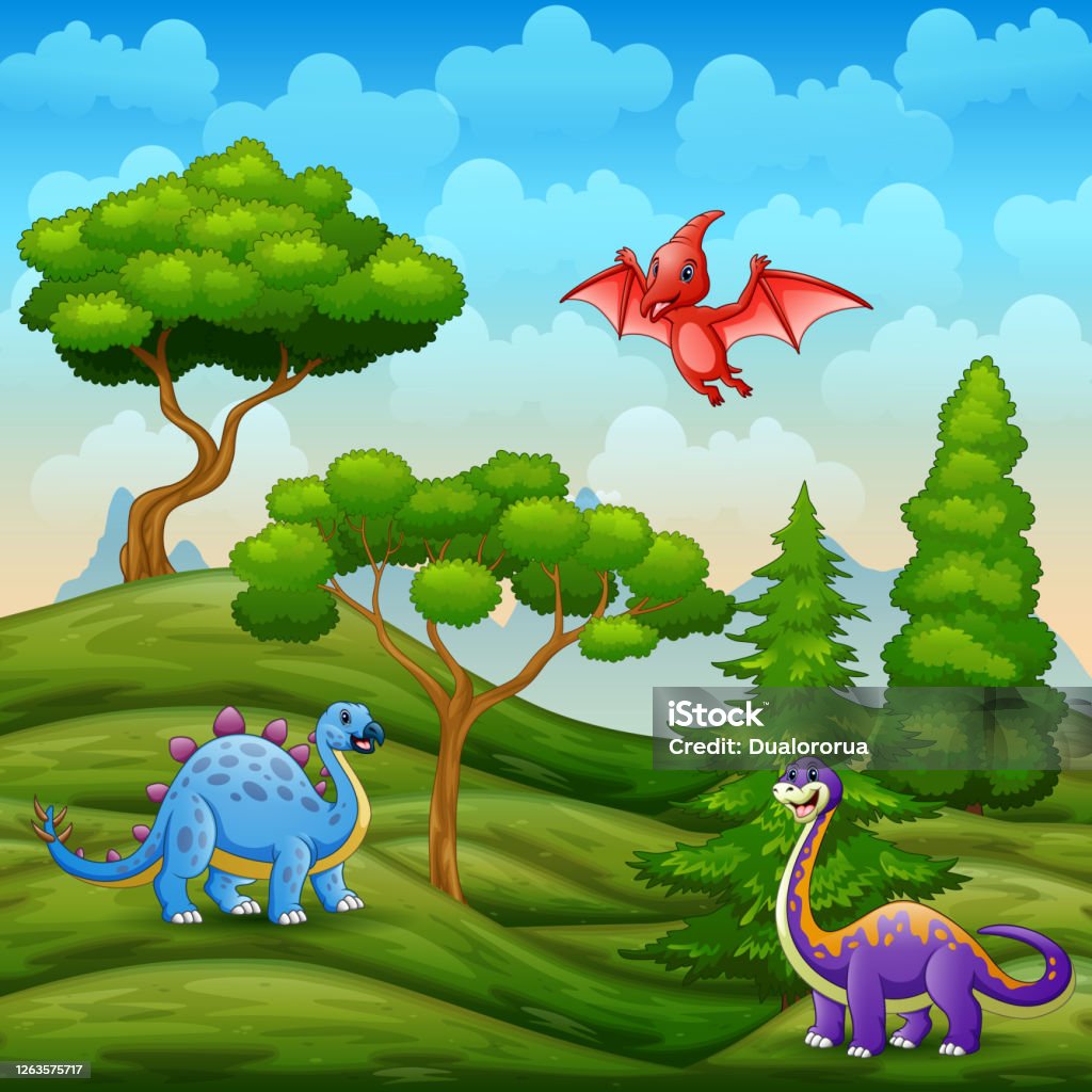Ilustración de Dinosaurios Que Viven En El Paisaje Verde y más Vectores  Libres de Derechos de Animal - Animal, Animal extinto, Arbusto - iStock