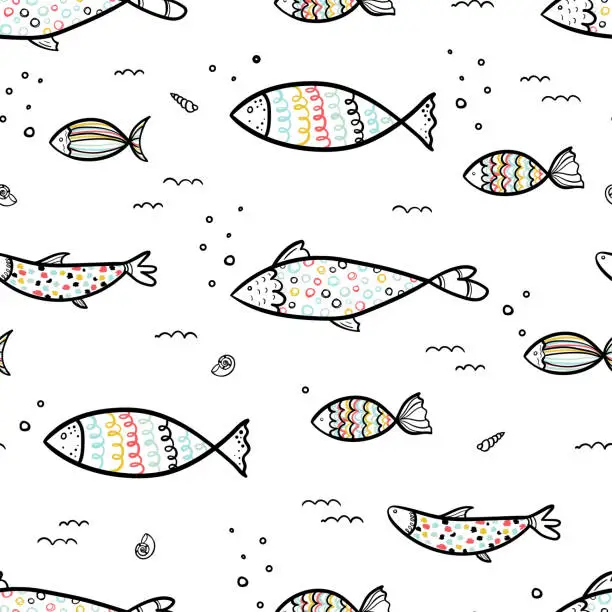 Vector illustration of Fun hand drawn under water seamless pattern with cute fish, childish background, great for textiles, banners, wallpapers, wrapping - vector design