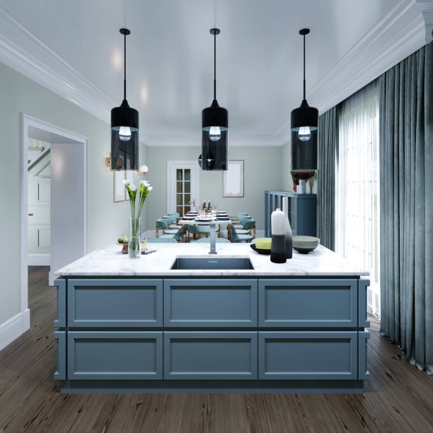 istock Kitchen island made of mint wood panels. 1263576008