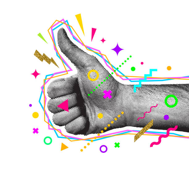 Engraved style thumbs up hand with abstract multicolored shapes. Like gesture hand. Vector illustration. vector art illustration