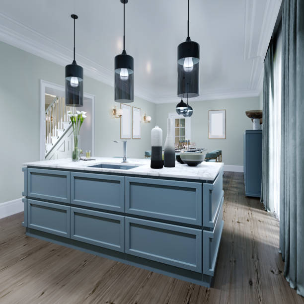 istock Kitchen island made of mint wood panels. 1263576137