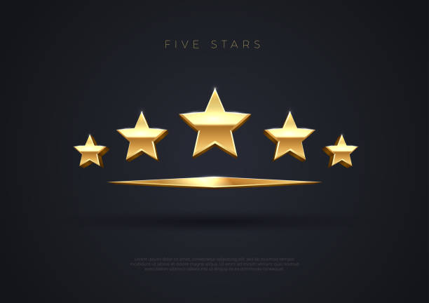 ilustraciones, imágenes clip art, dibujos animados e iconos de stock de cinco estrellas doradas. ilustración conceptual de calidad tot. icono de estrellas de clasificación. 3d estrellas de premio. vector. - five star
