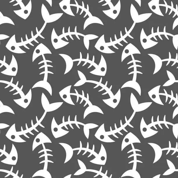 Vector illustration of Seamless, endless pattern with fish bones on dark background, vector eps 10 format