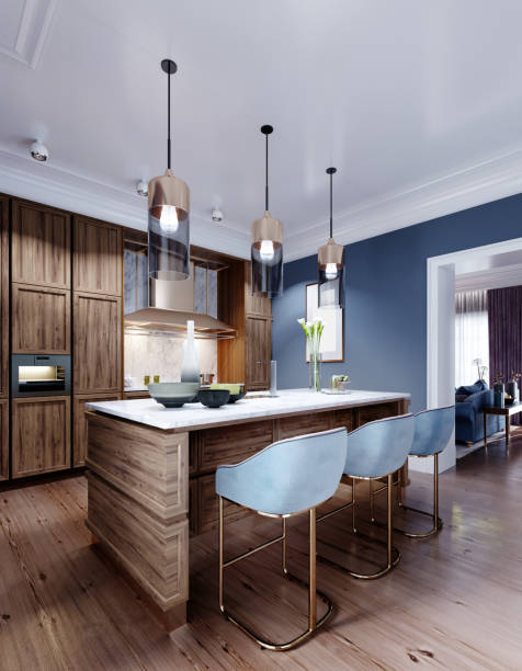 istock Fashionable designer kitchen with an island with a marble working surface, a kitchen in blue and brown colors, wooden furniture. 1263577627