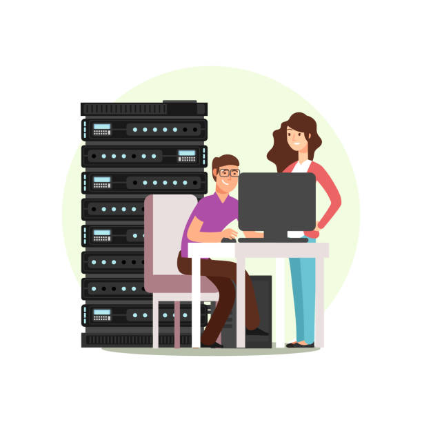 Character engineers working with server Woman and man cartoon character. IT or computer engineers working together with data base, server. Vector illustration computer network router communication internet stock illustrations