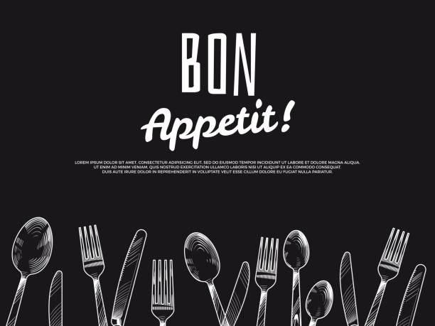 Vintage hand drawn cutlery background. Black bon appetit banner and poster design. Vector illustration