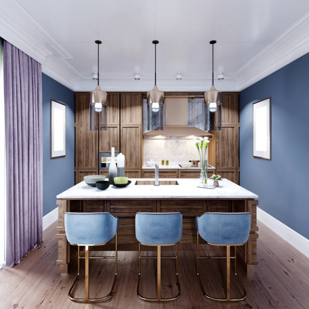istock Bar counter with three chairs in the kitchen. 1263579491