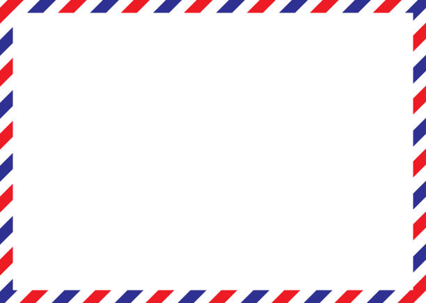 luftpost umschlag rahmen. internationale vintage brief grenze. retro-luftpostkarte mit blauen und roten streifen. leere korrespondenz papier vorlage. leere klassische postnachricht illustration. - air mail envelope letter mail stock-grafiken, -clipart, -cartoons und -symbole