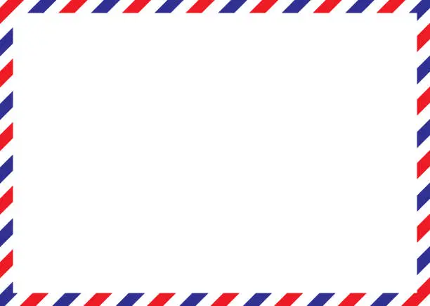 Vector illustration of Airmail envelope frame. International vintage letter border. Retro air mail postcard with blue and red stripes. Blank correspondence paper template. Empty classic postal message illustration.