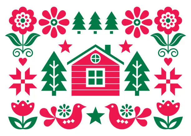 Vector illustration of Christmas Scandinavian folk art vector greeting card design in red and green in 5x7 format with Christmas trees, birds, flowers and Finnish house