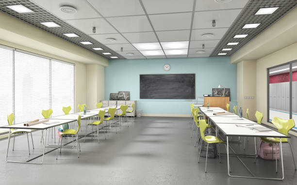 istock Modern classroom with concrete floor. High school. 3d illustration 1263581398