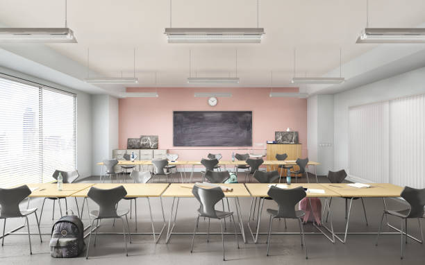 istock Modern classroom with concrete floor. High school. 3d illustration 1263581406
