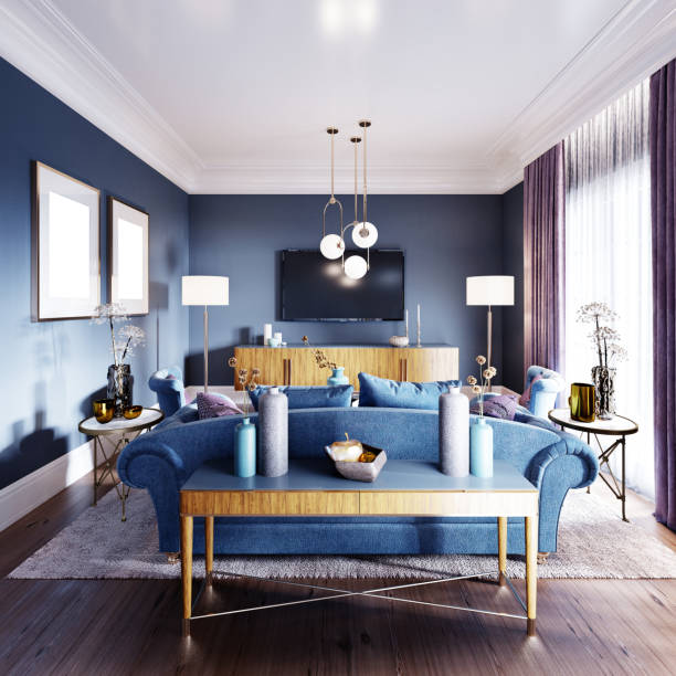 lujosa sala de estar en estilo art deco en un diseño de moda, azul, marrón, color burdeos. - brown table coffee table side table fotografías e imágenes de stock