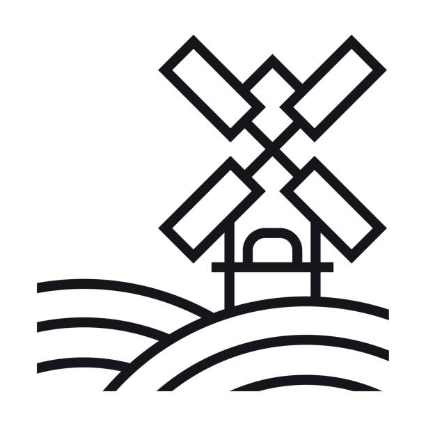 windmühle-symbol. eine vierflügelige mühle in der mitte der ausgesäten hügel. symbol der landwirtschaft. - altes backhaus dorf stock-grafiken, -clipart, -cartoons und -symbole