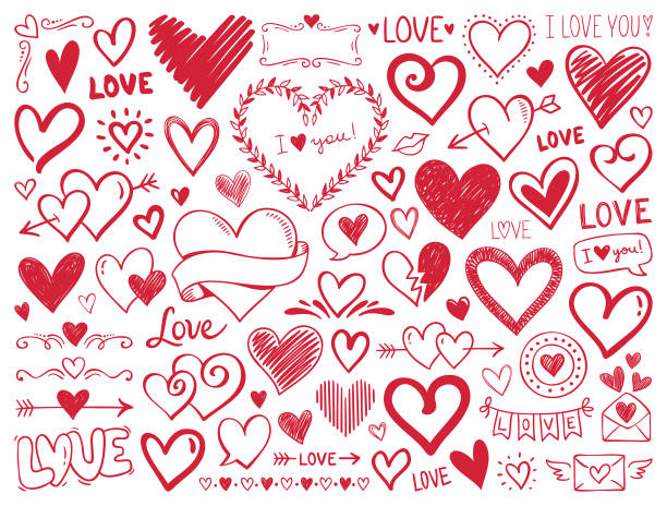 ilustraciones, imágenes clip art, dibujos animados e iconos de stock de corazones. elementos de diseño dibujados a mano - valentine card illustrations