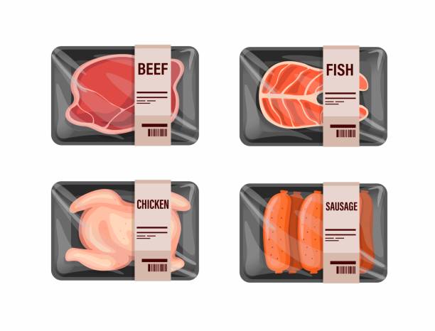 surowa odmiana mięsa w plastikowym zestawie symboli owijanych pojemnikami. wołowina z tuńczyka z kurczaka i kiełbasa w koncepcji sklepu spożywczego w wektorze ilustracji kreskówek - raw stock illustrations