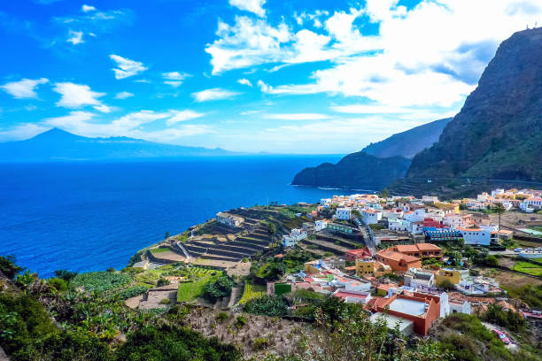 Agulo, La Gomera, Canary Islands / Spain Tenerife and Teide as seen from Agulo, La Gomera, Canary Islands, Spain agulo stock pictures, royalty-free photos & images