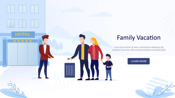 ilustrações de stock, clip art, desenhos animados e ícones de young family on vacation. tourists concept of lodging in hotel. landing page. check into hotel. the doorman helps with a suitcase. flat vector illustration - lodging