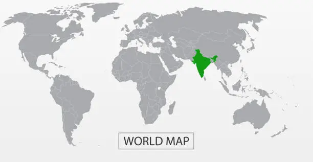 Vector illustration of Political Vector Map of the world with clear borders with highlighted India. Each country is isolated and selectable. Suitable for reports, statistics, infographics, templates. Silhouette backd