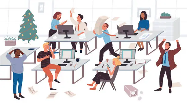 Vector illustration of The concept of workflow disorganization. Chaos in the office. The chief yells at his subordinates. Conflict of colleagues at work. Procrastination. Deadline Situation. Flat Cartoon Vector Illustration