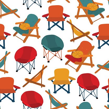 Camping Picnic Patio Chairs vector Clip art set with different types of chairs. Use for fabric, wallpaper, camping decor