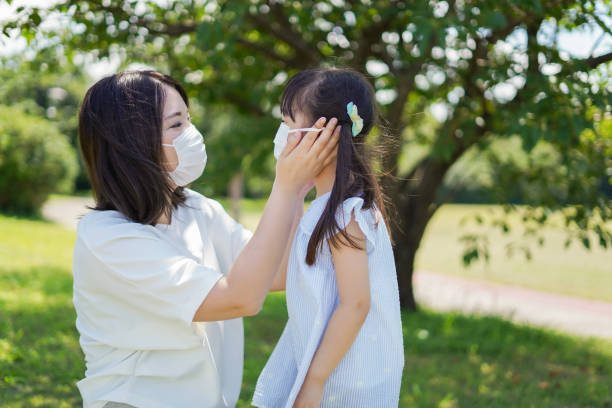 istock Mother putting a mask on child 1263612899