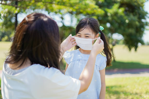 istock Mother putting a mask on child 1263612904