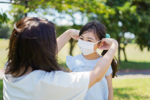 istock Mother putting a mask on child 1263612910