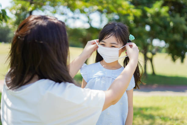 Mother putting a mask on child