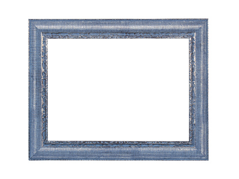 Empty blue wooden frame for paintings or photo with silver patina. Isolated on white background