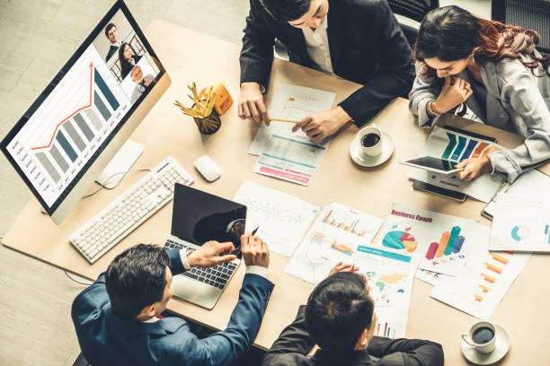 istock Video call group business people meeting on virtual workplace or remote office 1263615984