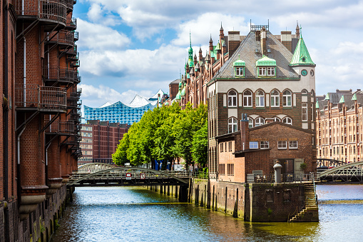 Historic Speicherstadt in Hamburg with Elbphilharmonie in the background, Germany