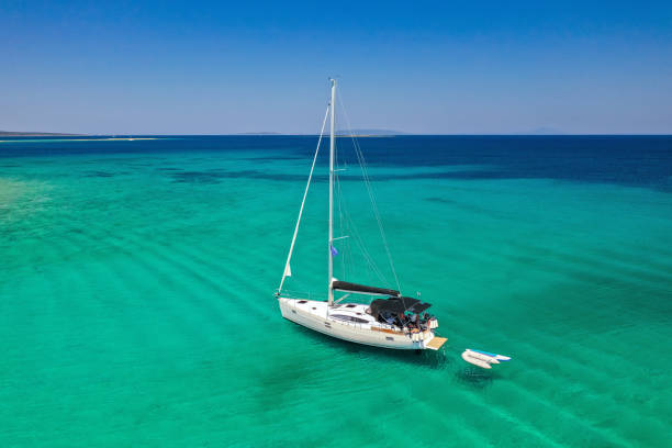 istock Anchored sailboat, view from drone 1263618830