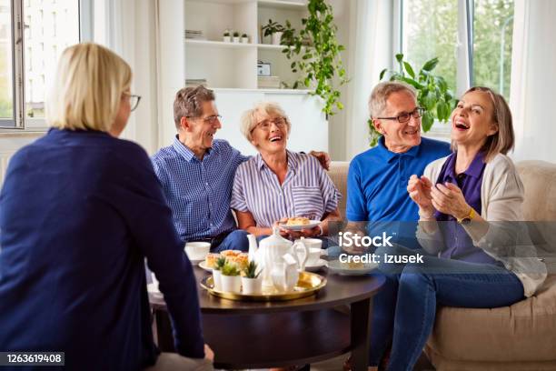 Happy Senior People In Retirement House Stock Photo - Download Image Now - 70-79 Years, Adult, Aging Process