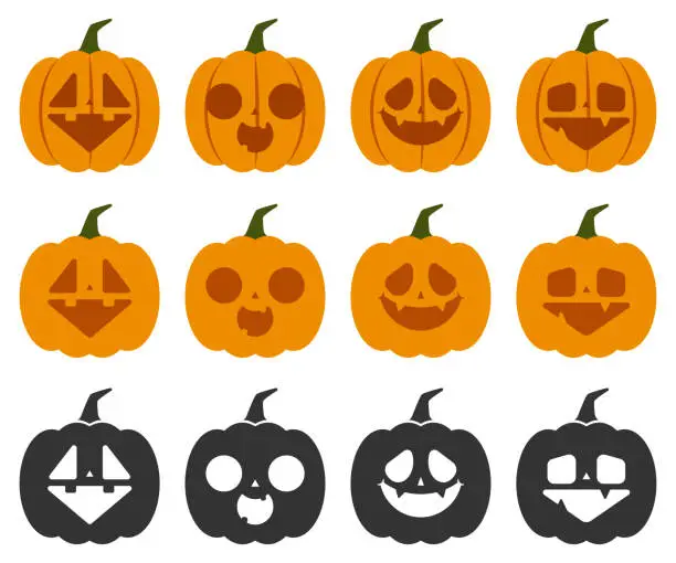 Vector illustration of Halloween pumpkins with cute faces vector set isolated on a white background.