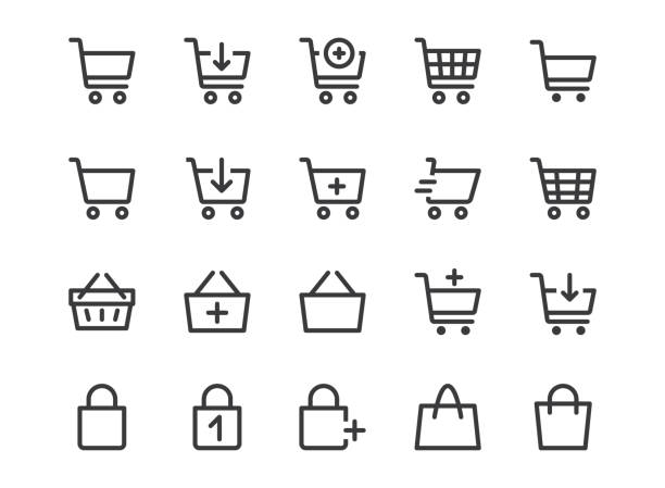 alışveriş sepeti satır simgesi. minimal vektör çizimi. trolley, süpermarket sepeti, mağaza çantası, öğe ekle, e-ticaret gibi basit anahat simgeleri dahil. kullanılabilir vuruş. piksel mükemmel - online shopping stock illustrations