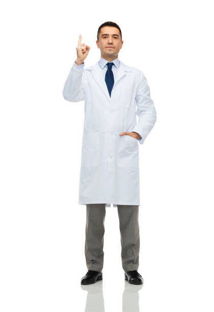 male doctor in white coat pointing finger up - finger raised imagens e fotografias de stock