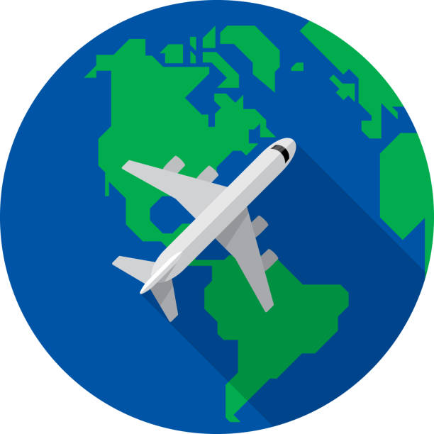 ilustraciones, imágenes clip art, dibujos animados e iconos de stock de airplane globe icon flat - global business taking off commercial airplane flying