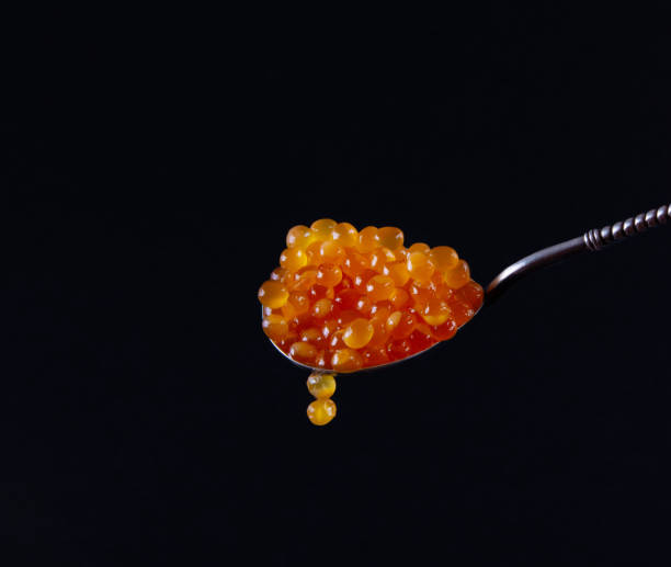 istock Salmon Roe in Silver Spoon on Dark Background. 1263623492