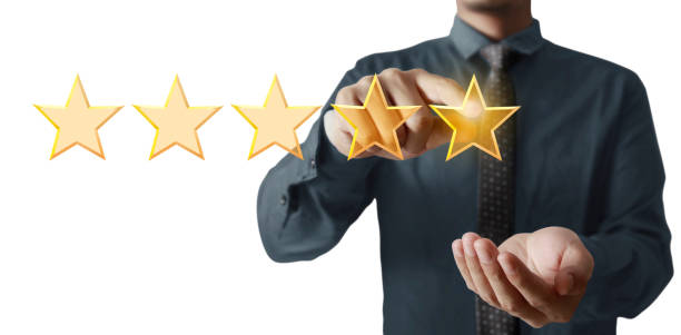 istock Hand of touching rise on increasing five stars. Increase rating evaluation 1263624735