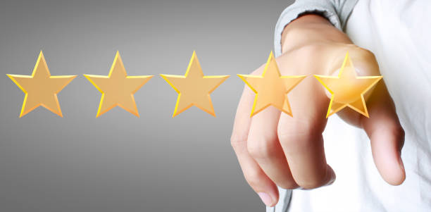 istock Hand of touching rise on increasing five stars. Increase rating evaluation 1263624747