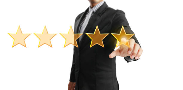 istock Hand of touching rise on increasing five stars. Increase rating evaluation 1263624748