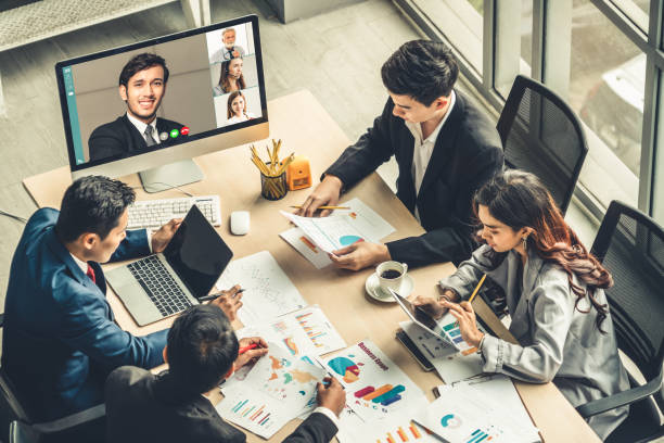 istock Video call group business people meeting on virtual workplace or remote office 1263625454