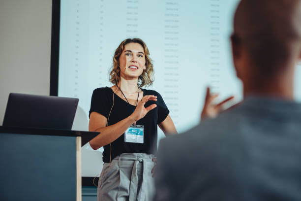 istock Businesswoman speaking during a seminar 1263625800