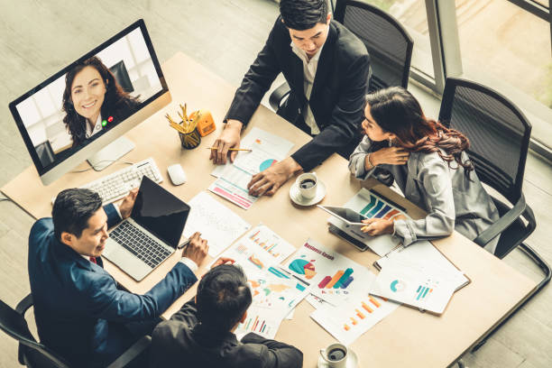 istock Video call group business people meeting on virtual workplace or remote office 1263625827