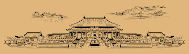 Beige China hand drawing landmark 10 Palace complex in Forbidden city in central Beijing, landmark of China. Hand drawn vector sketch illustration in monochrome colors isolated on beige background. China travel Concept. Stock illustration forbidden city stock illustrations