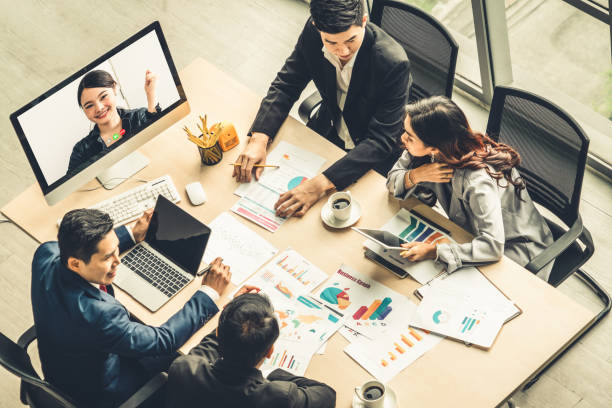 istock Video call group business people meeting on virtual workplace or remote office 1263627199