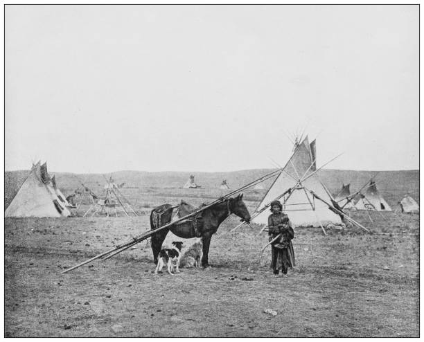 Antique black and white photograph: North American natives Antique black and white photograph: North American natives indigenous north american culture photos stock illustrations