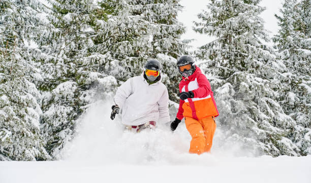 istock Skiers having fun in winter mountain forest. 1263627816