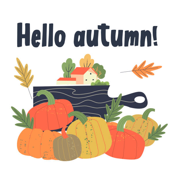 Hello, autumn. Vector illustration. Hello, autumn. A house in the country and harvest pumpkin. Vector illustration. katt halloween stock illustrations